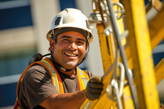 Latino construction worker, positive, working at heights, scaffolding work, cables, harness safety, diversity, generative ai