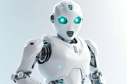 Futuristic Robot Holding A Smartphone With Green Glowing Eyes Generative AI