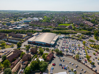Aerial drone photo of a large shoppingmall in Grantham Lincolnshire, England.