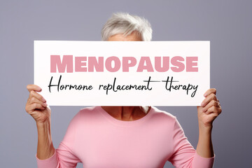 A woman with sign Menopause, Hormone replacement therapy. Generative AI. - obrazy, fototapety, plakaty