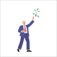 Young business man character catching dollar banknote cash chasing money isolated on white