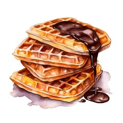 Watercolor illustration of belgian waffles with chocolate topping on white background. Generative AI. - obrazy, fototapety, plakaty