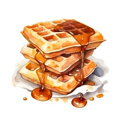 Watercolor illustration of belgian waffles with caramel on white background. Generative AI. - obrazy, fototapety, plakaty