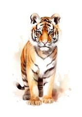 Obraz premium Cute little tiger on white background, cartoon watercolor illustration. Generative AI.