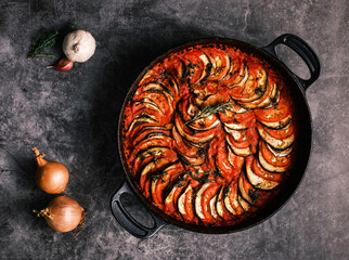 French ratatouille with tomatoes, eggplant, zucchini and fresh herbs in a cast iron skillet against...