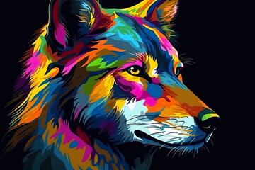 A colorful wolf on a black background. Generative AI.