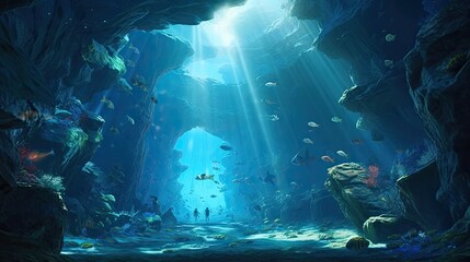 a cave in the ocean with fish swimming around Generative Ai