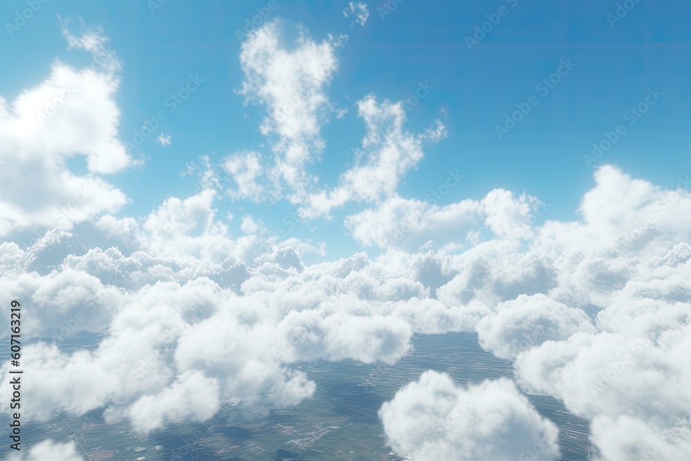 Poster illustration of the aerial view of clouds and sky from an airplane window generative ai