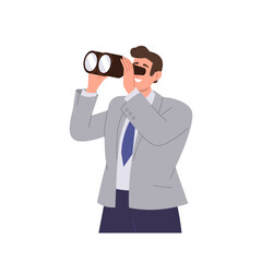 Young businessman character looking through binocular searching for opportunities new business ideas