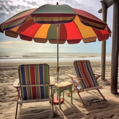 the beach chairs are sitting under a large umbrella with a striped pattern on them Generative Ai