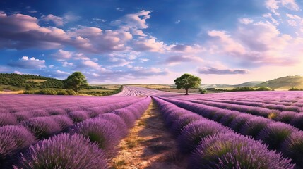 Fototapeta na wymiar A serene lavender field stretching far, painting the countryside with shades of purple. Generative AI.