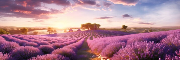 A serene lavender field stretching far, painting the countryside with shades of purple. Generative AI.