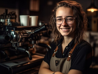 Naklejka na ściany i meble Smiling female barista standing in front of a coffee machine. Generative AI