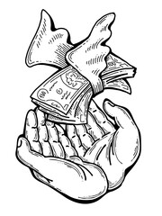 Big dollars banknotes money in your hands. Finance business, commerce, payment economy  theme for poster print, design elements. Take or give loan. Hand drawn illustration. Cartoon style drawing.