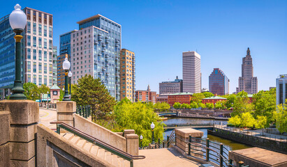 Panorama of Providence City Skyline, Skyscrapers, and Buildings over Woonasquatucket River at Waterplace Park in Providence, Rhode Island