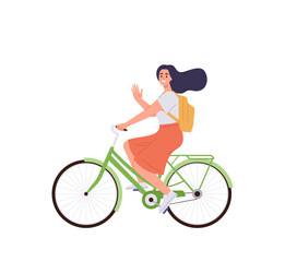 Happy young woman character riding bicycle travelling by eco friendly transport on weekend