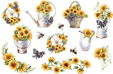 Sunflower basket, watering can, bumble bee, wooden wheel, pitcher. Watercolor Farmhouse style illustration. Vintage french country design. Rustic yellow flowers on transparent background © Nataliya Kunitsyna