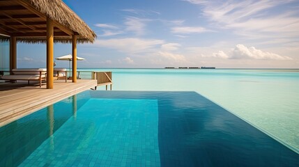 maldives and large pool with chairs sitting by the sea Generative Ai