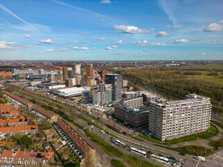 Obraz premium Aerial drone photo of apartment buildings being build in Leiden, the Netherlands
