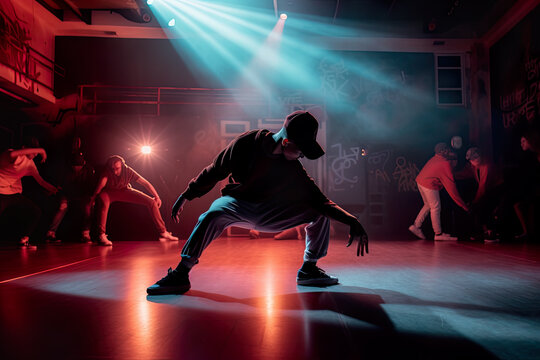 Young dynamic dancers on stage dancing breakdance in bright blue and orange spotlights, AI generative illustration