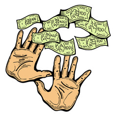 Big dollars banknotes money in your hands. Finance business, commerce, payment economy  theme for poster print, design elements. Take or give loan. Hand drawn illustration. Cartoon style drawing.