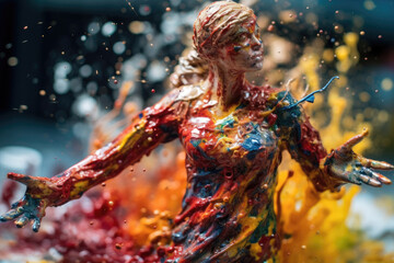 Fototapeta na wymiar Miniature people figurine of woman with abstract colorful paint splashes, created with Generative AI