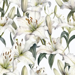 Lily patern on a white background. Watercolor botanical illustration. Nature. Delicate pastel colors. Design for packaging, fabric, wallpapers, posters. Seamless floral pattern. Ai Generative
