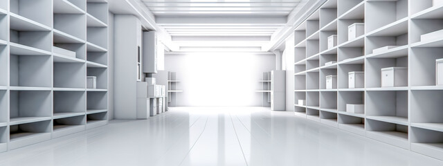 Obraz premium storage, empty room with cupboards and storage space, warehouse, banner, made with Generative AI