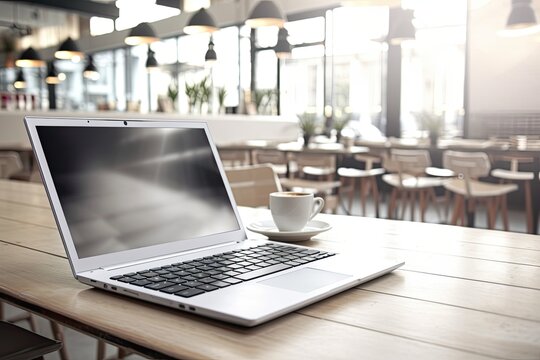 Blank laptop mockup on white top table in coffee shop with copy area for montage or product display. Generative AI