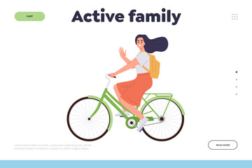 Active family concept for landing page design template with happy mother character riding bicycle