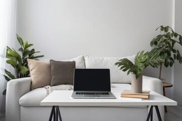 Blank laptop screen on a white sofa with pillows. Template with mockup copy space that is attractive. blog, social networking, website branding, and display all involve online Generative AI