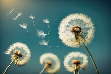 On a bright day, beautiful fluffy dandelions and floating seeds against a blue sky. Generative AI