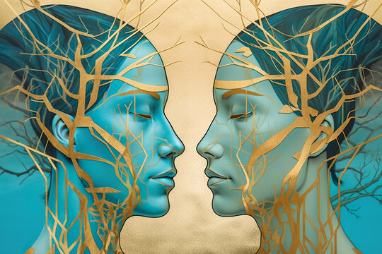 Forest spirits, twins, gold tree with two faces, symmetrical, cyan and vibrant turquoise colors, AI generative digital illustration