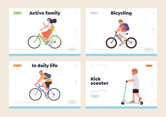 Set of landing page with happy family characters enjoy riding bicycle and kick scooter in daily life