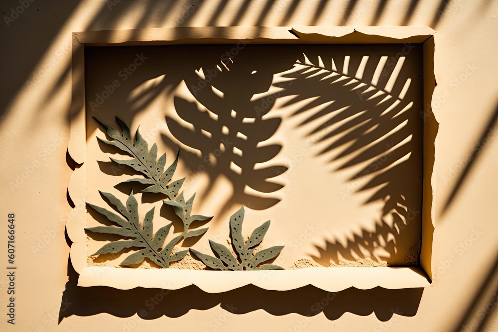 Poster view from above of green tropical foliage and shadows over a sand-colored backdrop. lay down. summer