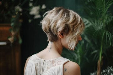 A Blonde Short Hair Bride with Tattoos Stands With Her Back, Wedding Hairstyle for European Woman: AI Generated Image
