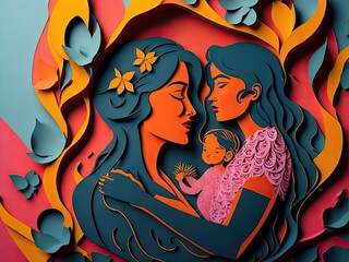 Colorful Mothers day papercut mother and kid. ai generative