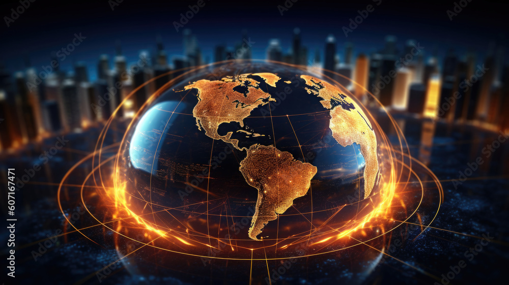Aufkleber view from space on planet earth with glowing connection lines around it. global networking and futur