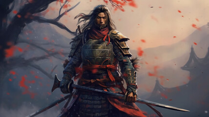 Obraz na płótnie Canvas Male asian warrior portrait. Samurai in traditional armor with katana. Created with Generative AI