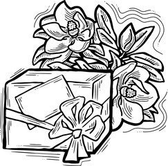 Present box with ribbon bow decorated with flowers for birthday gift, sale promotion, valentines or mothers day card, poster print. Hand drawn cartoon style illustration. Line vector drawing.