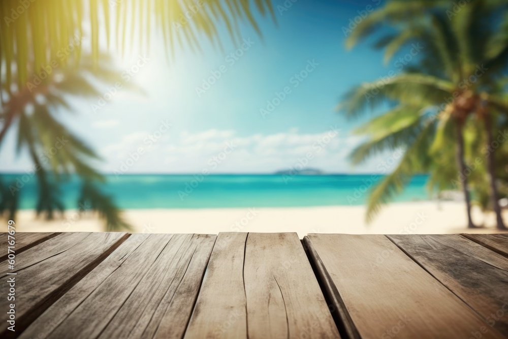 Poster summertime hazy backdrop of an empty wooden table and palm fronds with a party on a beautiful beach.