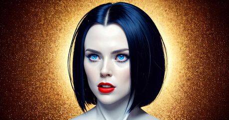 drawing of a woman with golden background, blue vs red, black vs white, contrast, generative ai