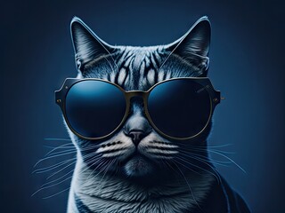 Fashion cat in sunglasses on blue background. ai generative