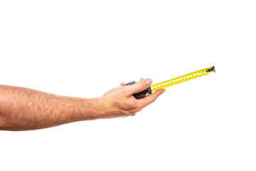 Yellow measuring tape in male hands isolated on white background,