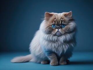 Funny cute Persian cat sit on soft blue studio background. ai generative