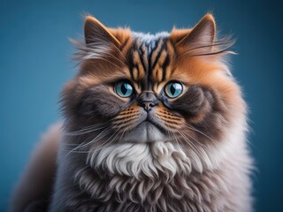 Funny cute Persian cat smile on soft blue studio background. ai generative