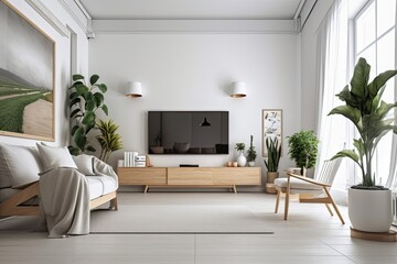 Fototapeta premium Beautiful potted plants on the floor and a TV in the living room. Generative AI