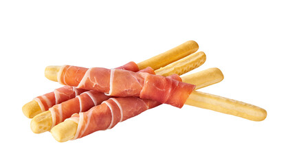 Parma ham prosciutto with Italian grissini breadsticks isolated on white background.