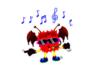 Character illustration of cool dancing red yellow monster music DJ with two brown wings, black glasses, and musical notes arround it. Available for sticker media social, mascot music event.