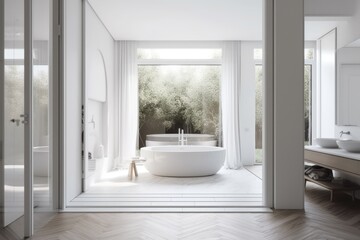 Obraz na płótnie Canvas Blurred background, white interior design, white folding door opening to minimalist luxury bathroom with bathtub, sink, and panoramic window,. Generative AI